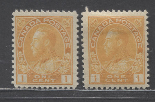 Canada #105i, 105F 1c Yellow King George V, 1911-1925 Admiral Issue, 2 VFOG Singles, Die 1, Wet & Dry Printing