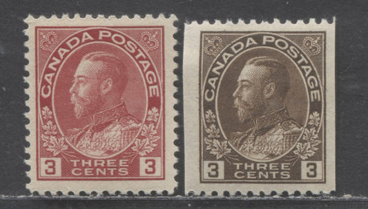 Canada #109, 134 3c Carmine Red & Brown King George V, 1911-1924 Admiral & Coil Issues, 2 VFOG Singles Die 1, And Perf 12 Horizontal