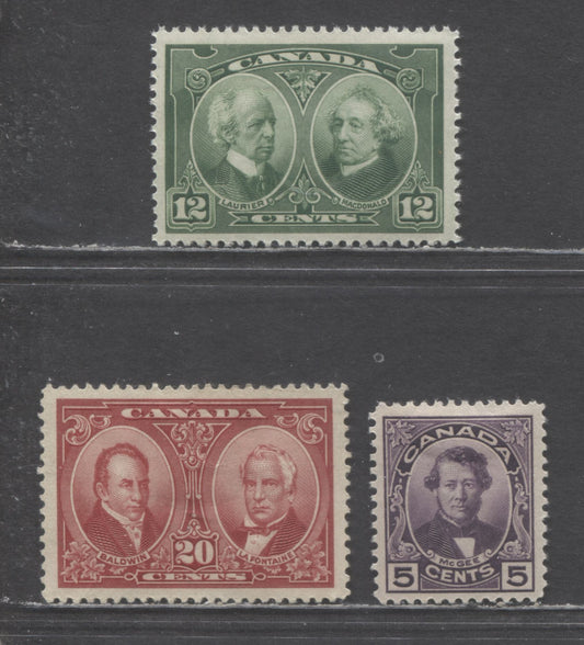 Canada #146-148 5c-20c Violet - Brown Carmine Thomas D'arcy Mcgee - Baldwin & Lafontaine, 1927 Historical Issue, 3 VFOG Singles