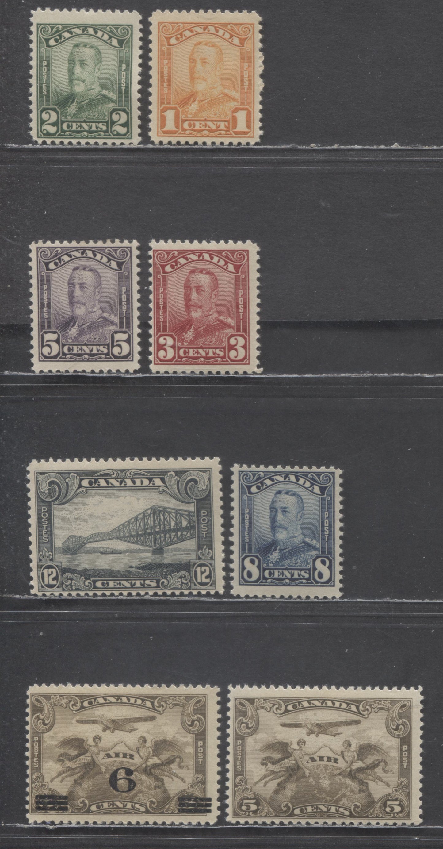 Canada #149-151, 153-154, 156, C1, C3 1c-12c Orange - Gray King George V - Winged Figures, 1928-1932 Scroll & Airmail Issues, 8 FOG Singles