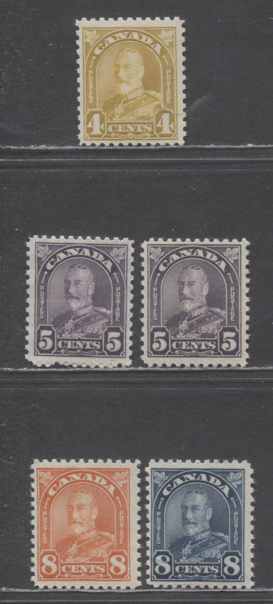 Lot 80 (C) Canada #168-169, 169a, 171-172 4c-8c Yellow Bistre - Red Orange King George V, 1930-1931 Arch/Leaf Issue, 5 FNH Singles Includes Both Flat & Rotary Press 5c Violet