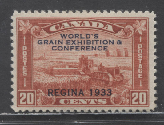 Canada #202 20c Indian Red Harvesting Wheat Overprint, 1933 Grain Exhibition Issue, A VFOG Single With Deep Cream Gum