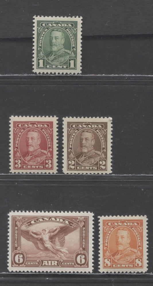 Canada #217-219, 222, 25 1c-8c Green - Deep Orange King George V & Daedalus In Flight, 1935 Pictorial & Airmail Issues, 5 VFNH Singles