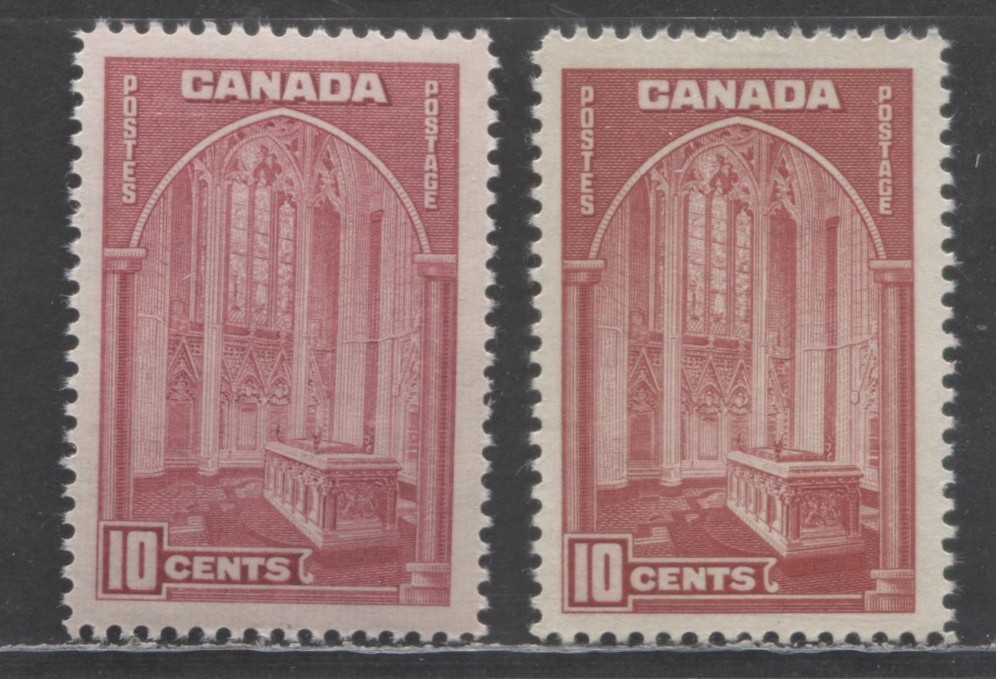 Canada #241, 241a 10c Carmine & Carmine Rose Memorial Chamber, 1938 Pictorial Issue, 2 VFNH Singles On Soft Horizontal Wove Paper With White Gum & Vertical Wove Ribbed Paper With Deep Cream Gum, 1938 & 1942 Printings