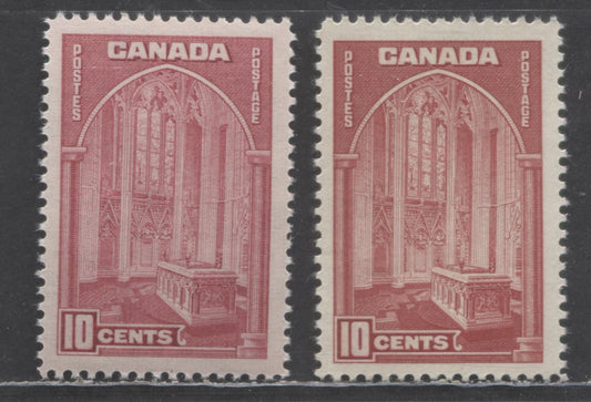Canada #241, 241a 10c Carmine & Carmine Rose Memorial Chamber, 1938 Pictorial Issue, 2 VFNH Singles On Soft Horizontal Wove Paper With White Gum & Vertical Wove Ribbed Paper With Deep Cream Gum, 1938 & 1942 Printings