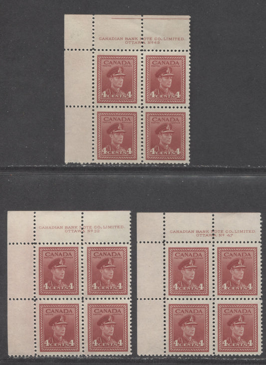 Canada #254 4c Dark Carmine King George VI, 1942-1943 War Issue, 3 VFNH UL Plate 32, 42, 47 Blocks Of 4