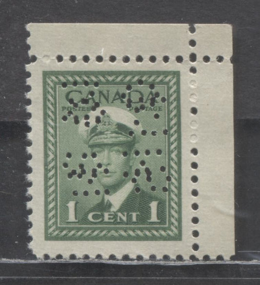 Lot 145 Canada #O9-249 1c Green King George VI, 1942-1943 OHMS Perfins War Issue, A VFNH Single, Position 8 & Position 4, Interesting Double Strike Using Two Different Dies
