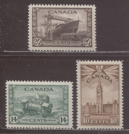 Canada #257, 259-260 10c/20c Brown, Dull Green & Chocolate Parliament Building, Ram Tank & Corvette, 1942-1943 War Issue, 3 VFNH Singles With Different Papers