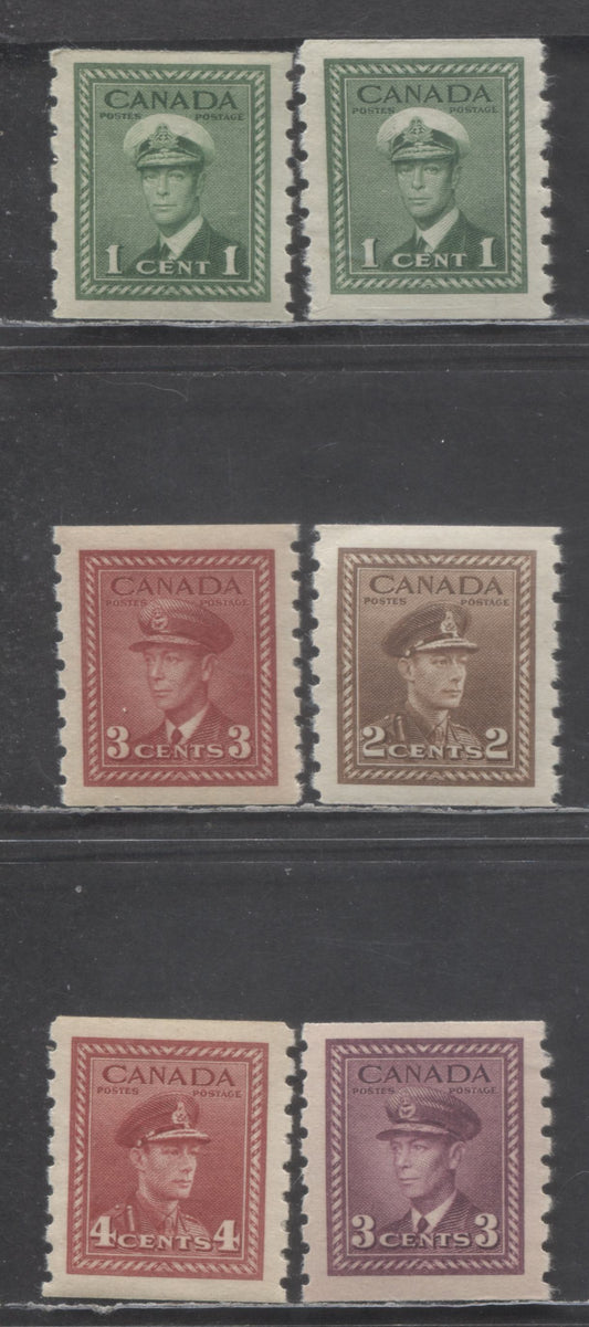 Canada #263-267 1c-4c King George VI, 1942-1943 Coil Stamps - War Issue, 6 VFNH & OG Singles With Both Horizontal Wove And Vertical Ribbed 1c