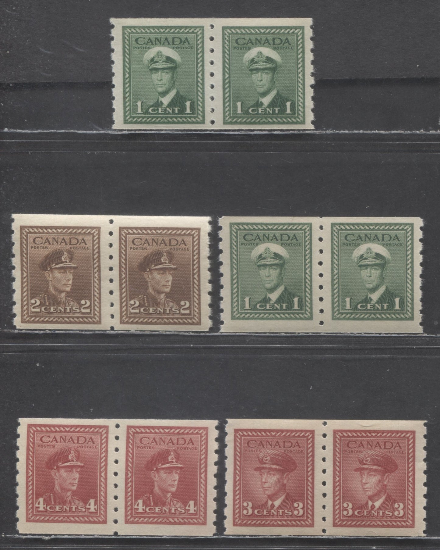 Lot 80 Canada #263-265, 267 1c-3c, 4c-5c Green-Dark Carmine, Dark Carmine King George VI, 1942-1943 Coil Stamps - War Issue, 5 VFNH Coil Strips Of 4 Includes Both Horizontal Wove And Vertical Ribbed Paper On 1c