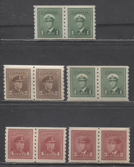 Lot 80 Canada #263-265, 267 1c-3c, 4c-5c Green-Dark Carmine, Dark Carmine King George VI, 1942-1943 Coil Stamps - War Issue, 5 VFNH Coil Strips Of 4 Includes Both Horizontal Wove And Vertical Ribbed Paper On 1c