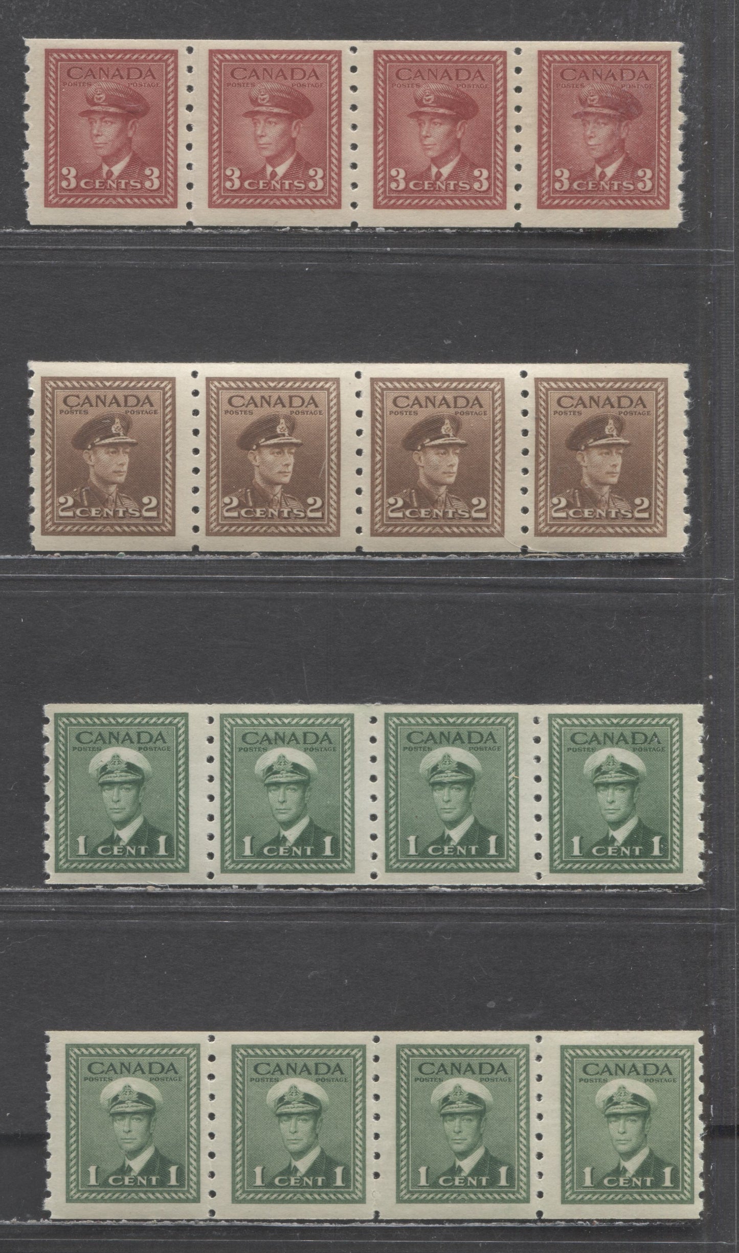 Lot 81 Canada #263-265 1c-3c Green-Dark Carmine King George VI, 1942-1943 War Issue Coils, 4 FNH Coil Strips Of 4 Includes Both Horizontal Wove & Vertical Ribbed Papers For The 1c