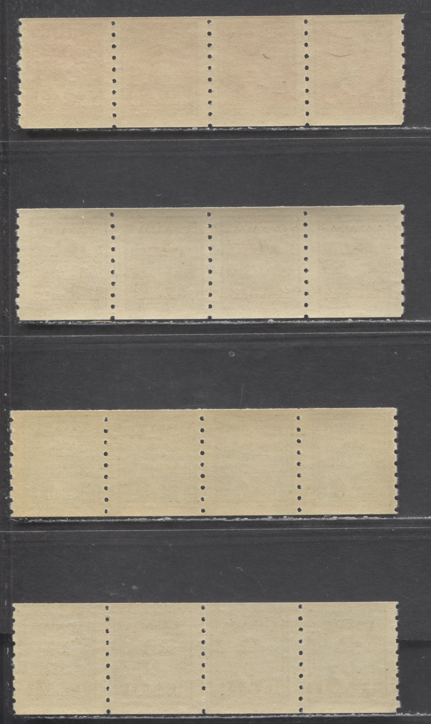 Lot 81 Canada #263-265 1c-3c Green-Dark Carmine King George VI, 1942-1943 War Issue Coils, 4 FNH Coil Strips Of 4 Includes Both Horizontal Wove & Vertical Ribbed Papers For The 1c