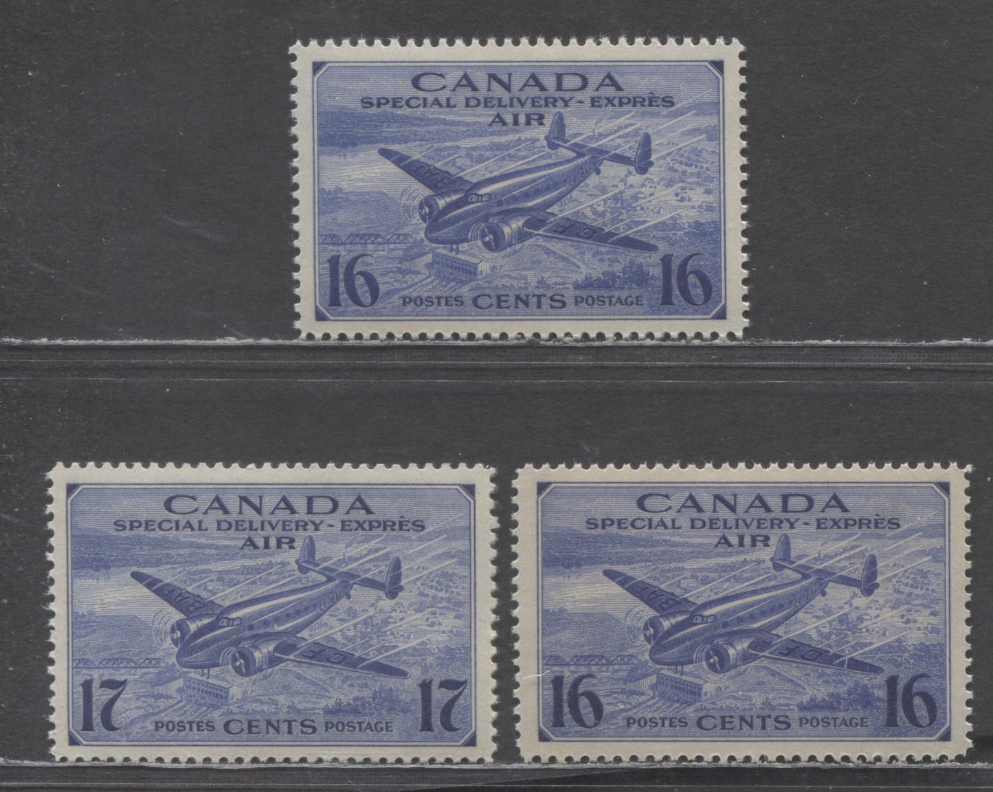 Canada #CE1-CE2 16c & 17c Bright & Deep Bright Ultramarine Trans-Canada Airplane, 1942-1943 Airmail Special Delivery Issue, 3 VFNH Singles With Cream & Deep Yellow Gums