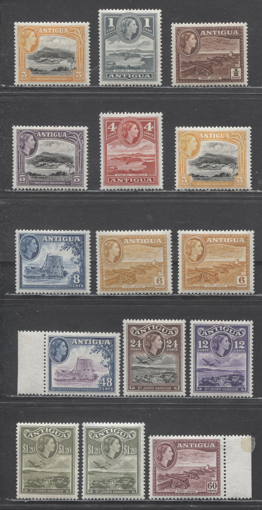 Lot 5 Antigua SG#120a (SC# 107)/132a (SC# 119) 1953-1962 Pictorial Definitives, 15 VFOG Singles, Click on Listing to See ALL Pictures, Estimated Value $35