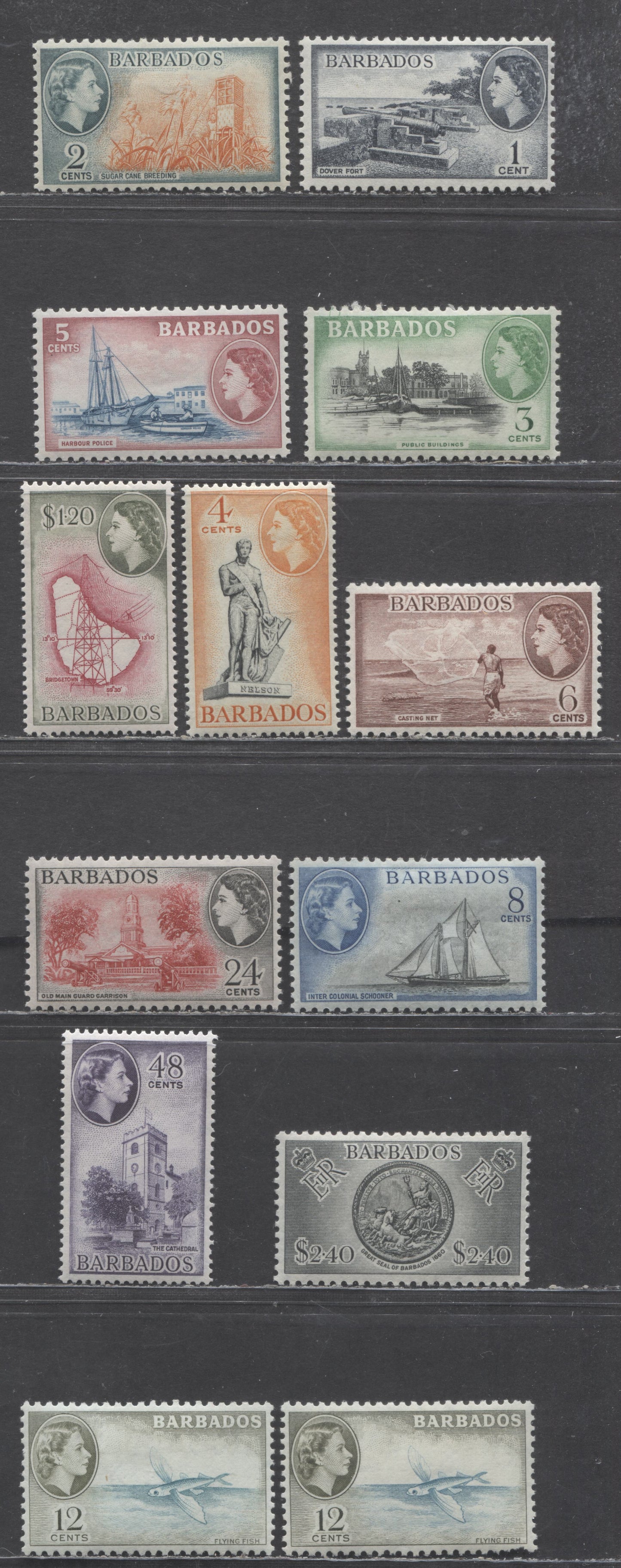 Lot 53 Barbados SG#289 (SC# 235)/301 (SC# 247) 1953-1961 Pictorial Definitives, 13 VFOG Singles, Click on Listing to See ALL Pictures, Estimated Value $55