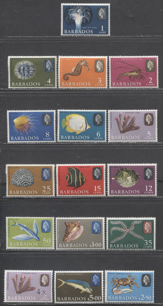 Lot 59 Barbados SC#267a/327 1966-1969 Marine Life Definitives & Surcharges, Sideways & Upright Wmks, 16 F/VFOG Singles, Click on Listing to See ALL Pictures, Estimated Value $22