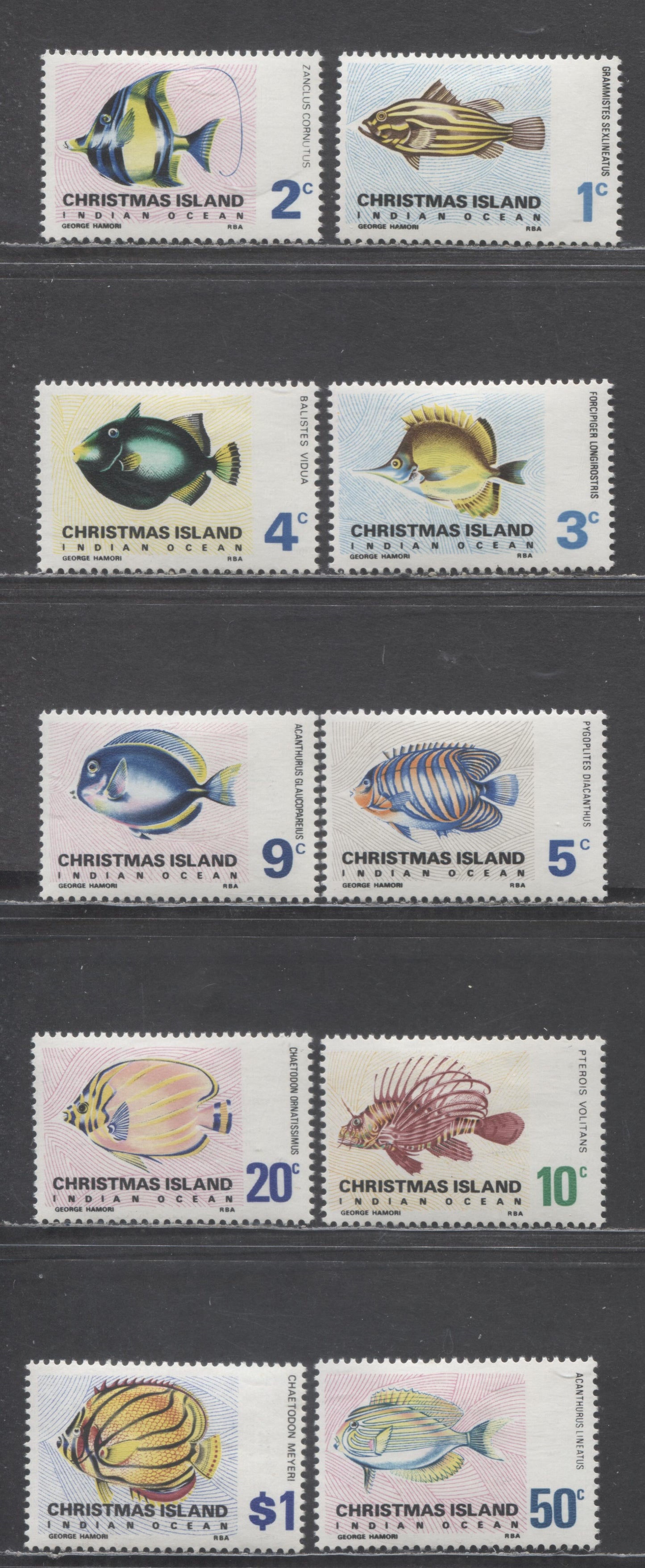 Lot 86 Christmas Islands SC#22-33 1968-1970 Fish Definitives, 10 VFOG Singles, Click on Listing to See ALL Pictures, 2017 Scott Cat. $20
