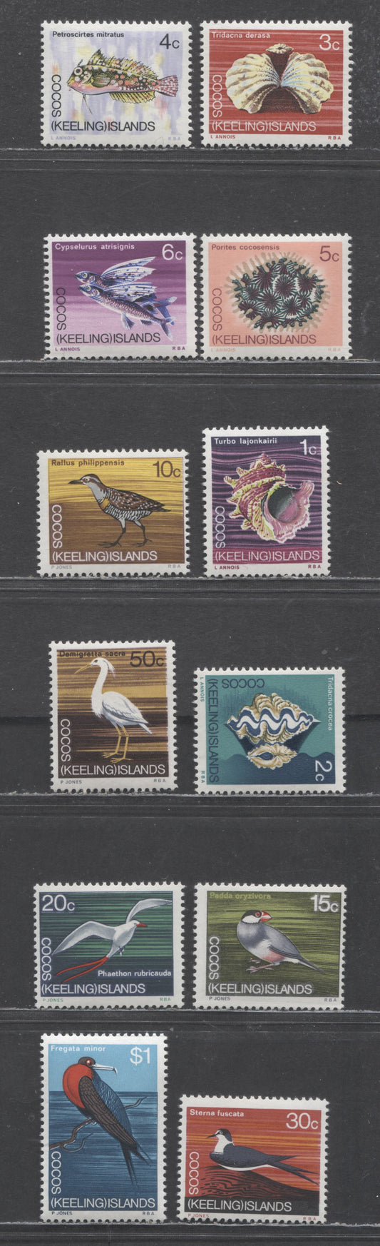 Lot 89 Cocos (Keeling) Islands SC#8-19 1969 Marine Life Definitives, 12 VFOG Singles, Click on Listing to See ALL Pictures, Estimated Value $5