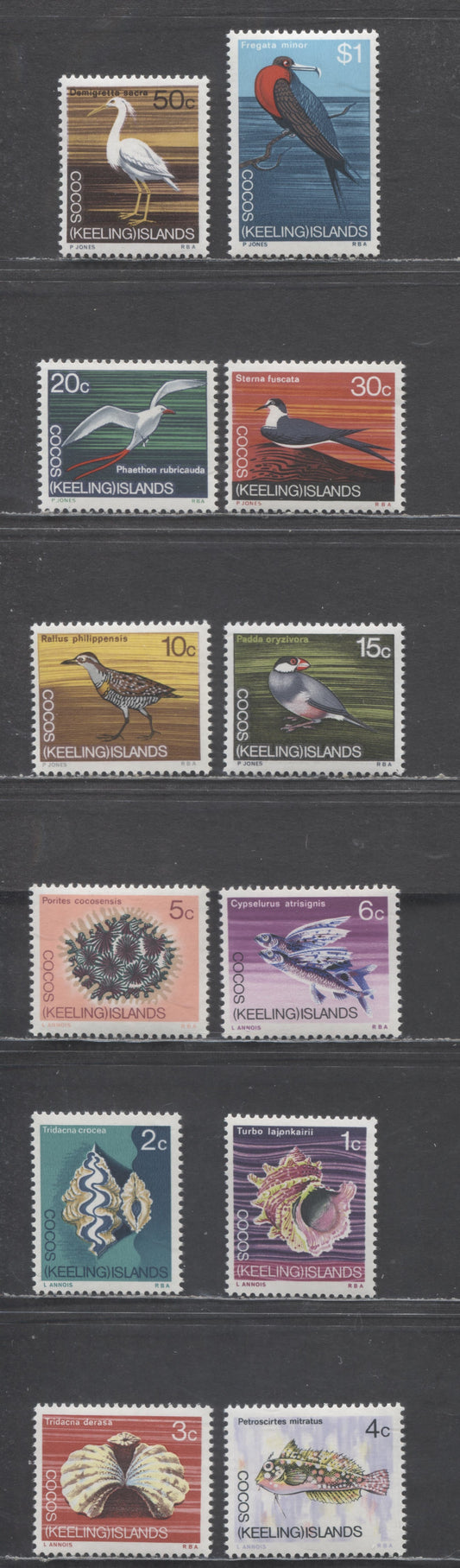 Lot 90 Cocos (Keeling) Islands SC#8-19 1969 Marine Life Definitives, 12 VFOG Singles, Click on Listing to See ALL Pictures, 2017 Scott Cat. $10.4