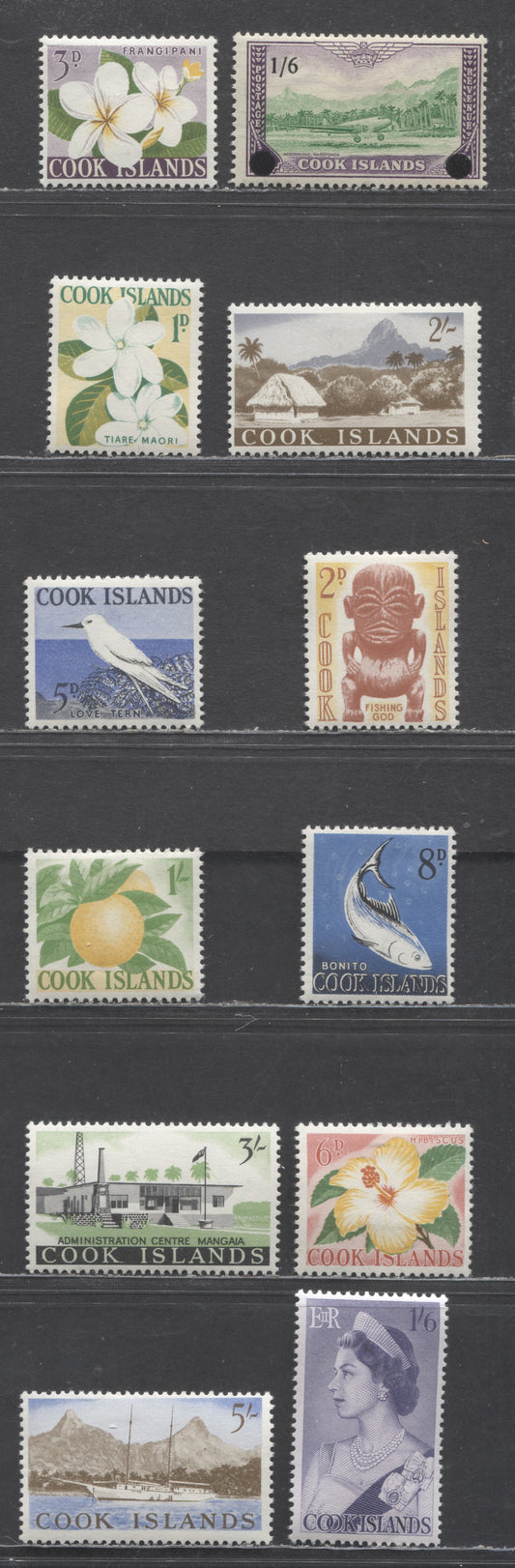 Lot 91 Cook Islands SC#147-158 1963 Pictorial Definitives & Surcharges, 12 F/VFOG Singles, Click on Listing to See ALL Pictures, 2017 Scott Cat. $10