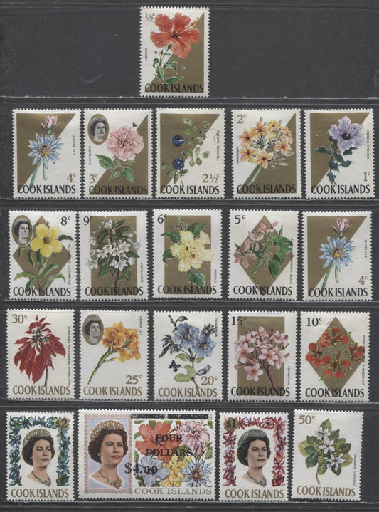 Lot 94 Cook Islands SC#199/291 1967-1969 Flower Definitives + Surcharge, With Fluorescent Security Markings, 20 VFOG Singles, Estimated Value $17