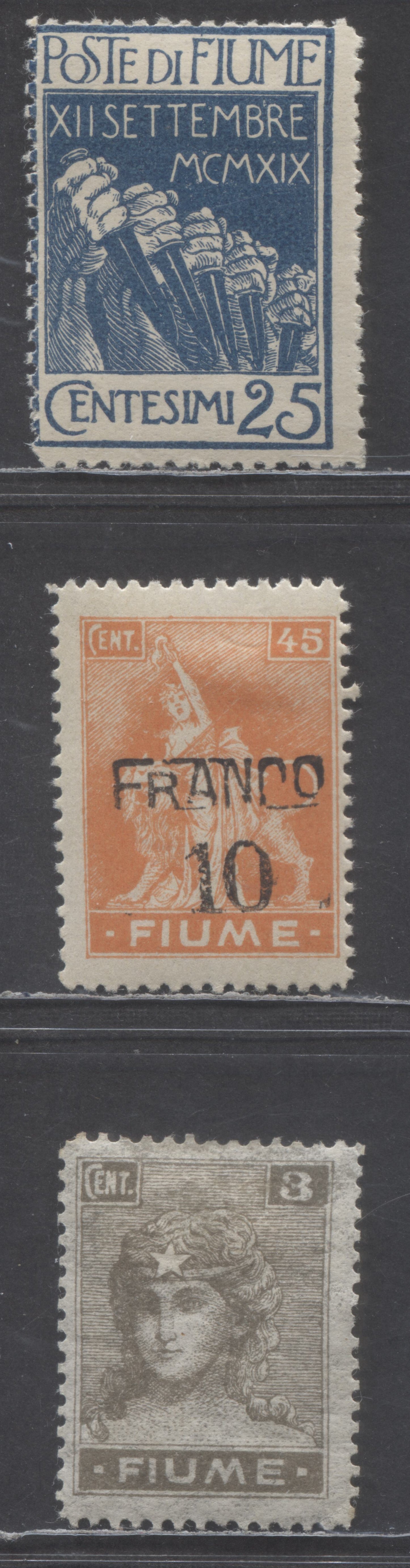 Lot 216 Fiume SC#28b/103d 1919-1920 Symbol Of Liverty & Military Issue, 3 FOG Singles, Click on Listing to See ALL Pictures, Estimated Value $30