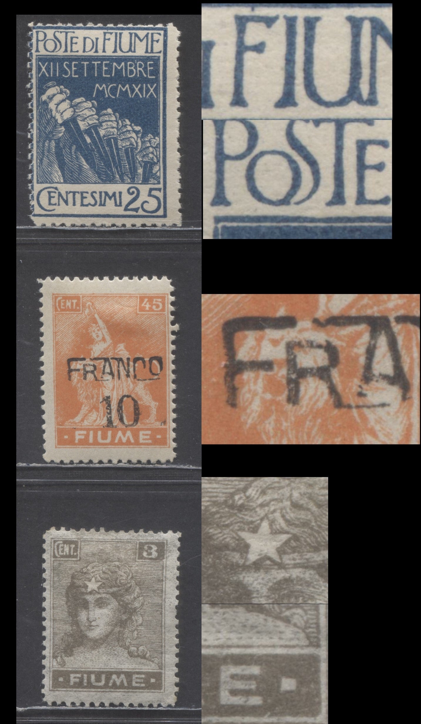 Lot 216 Fiume SC#28b/103d 1919-1920 Symbol Of Liverty & Military Issue, 3 FOG Singles, Click on Listing to See ALL Pictures, Estimated Value $30