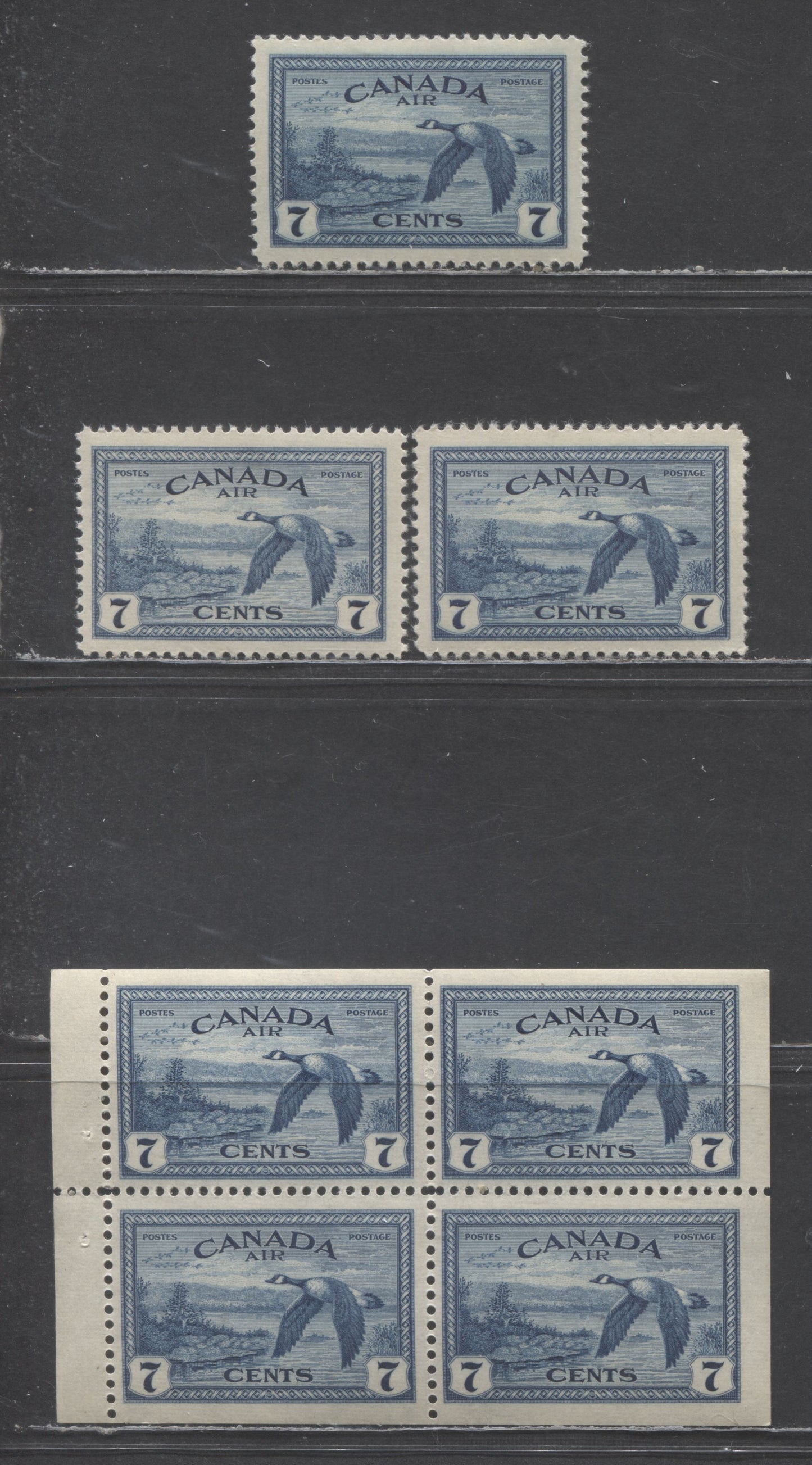 Canada #C9,C9a 7c Canada Goose, 1946 War Issue - Air Mail, 3 VFNH Singles And 1 Booklet Pane Three Different Shades, Paper And Gum