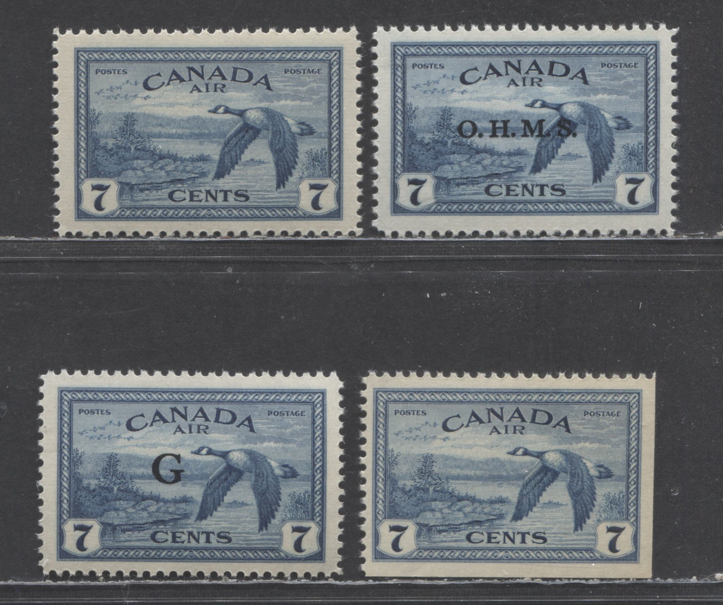 Lot 81 Canada #C9, C9as, CO1, CO2 7c Deep Blue Canada Goose, 1946 War Issue - Air Mail & Overprinted Officials, 4 VFNH Singles