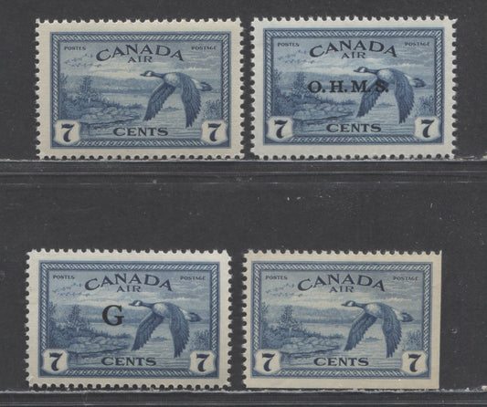 Lot 81 Canada #C9, C9as, CO1, CO2 7c Deep Blue Canada Goose, 1946 War Issue - Air Mail & Overprinted Officials, 4 VFNH Singles