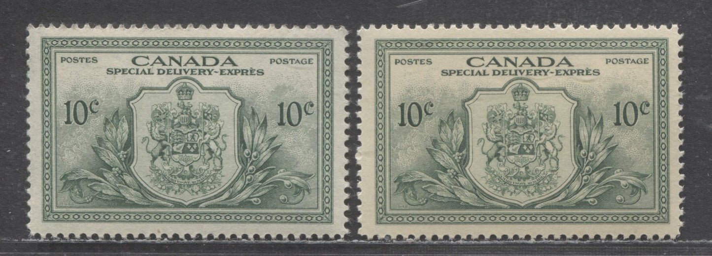 Canada #E11 10c Green, 1946 Peace - Special Delivery Issue, 2 VFNH Singles On Cream Paper With Semi Gloss Gum And White Paper With Satin Cream Gum