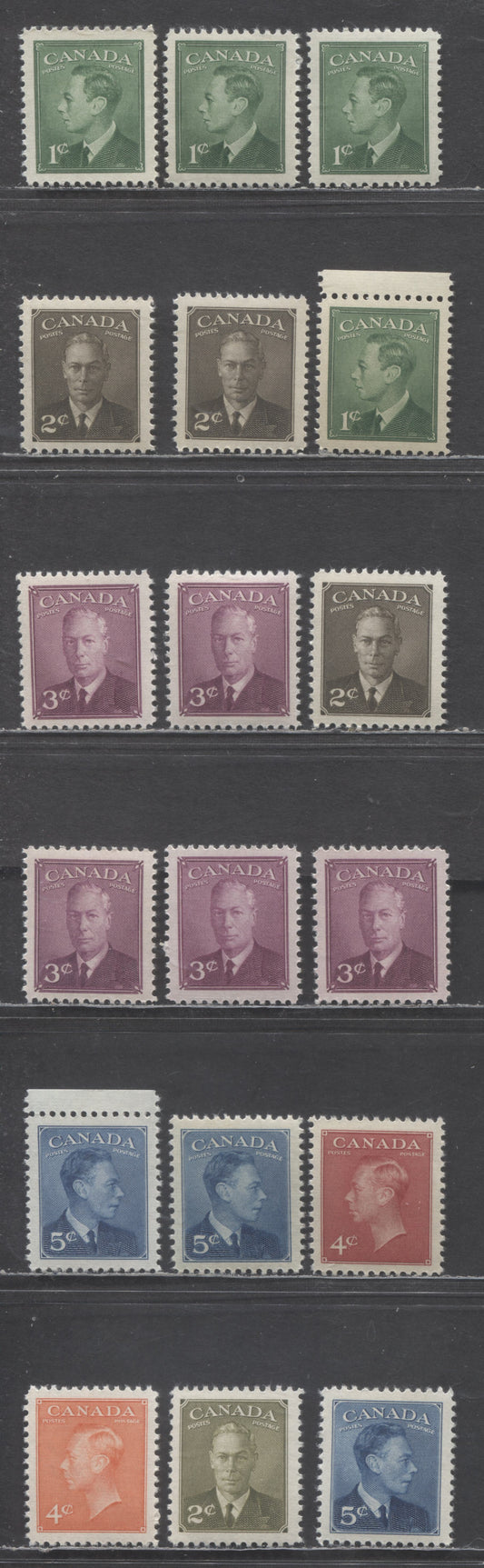 Canada #284-288, 305-306 1c/5c Green/Deep Blue King George VI, 1949-1951 Postes Postage & New Colors Issues, 18 VFNH Singles With Different Shades & Gums