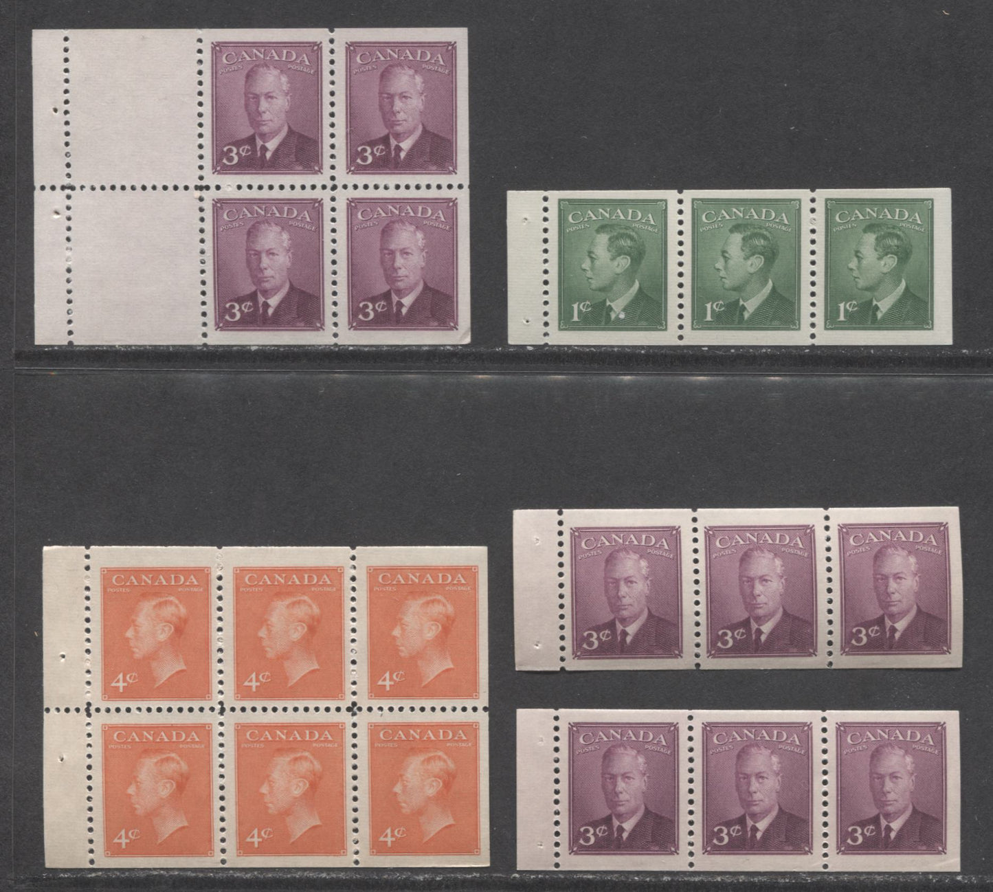 Lot 387 Canada #286a, b, 284a, 306b 1c/4c Green/Orange Vermillion King George VI, 1949-1951 Postes Postage & New Colors Issues, 5 VFNH Booklet Panes Of 3, 4 & 6 Includes 2 Shades Of 286a