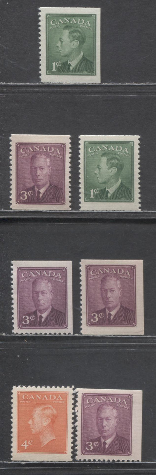 Canada #284as, 286as, 286bs, 306bs 1c/4c Green/Orange Vermillion King George VI, 1949-1951 Postes Postage & New Colors Issues, 7 VFNH Booklet Singles Includes 2 Different Gum Types On 284as & Each Of 286as & 286bs