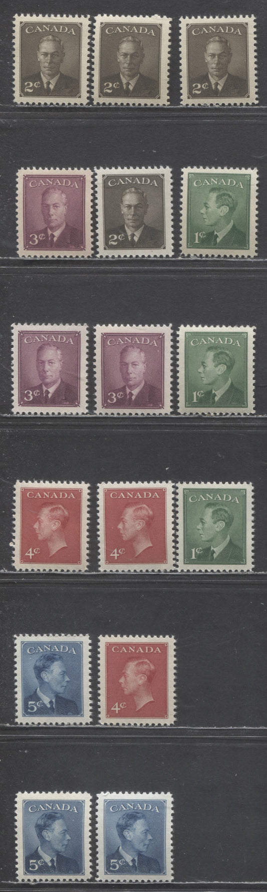 Canada #289-293 1c-5c Green-Deep Blue King George VI, 1950 Postes-Postage Omitted, 16 VFNH Singles With Different Shades & Gum Types