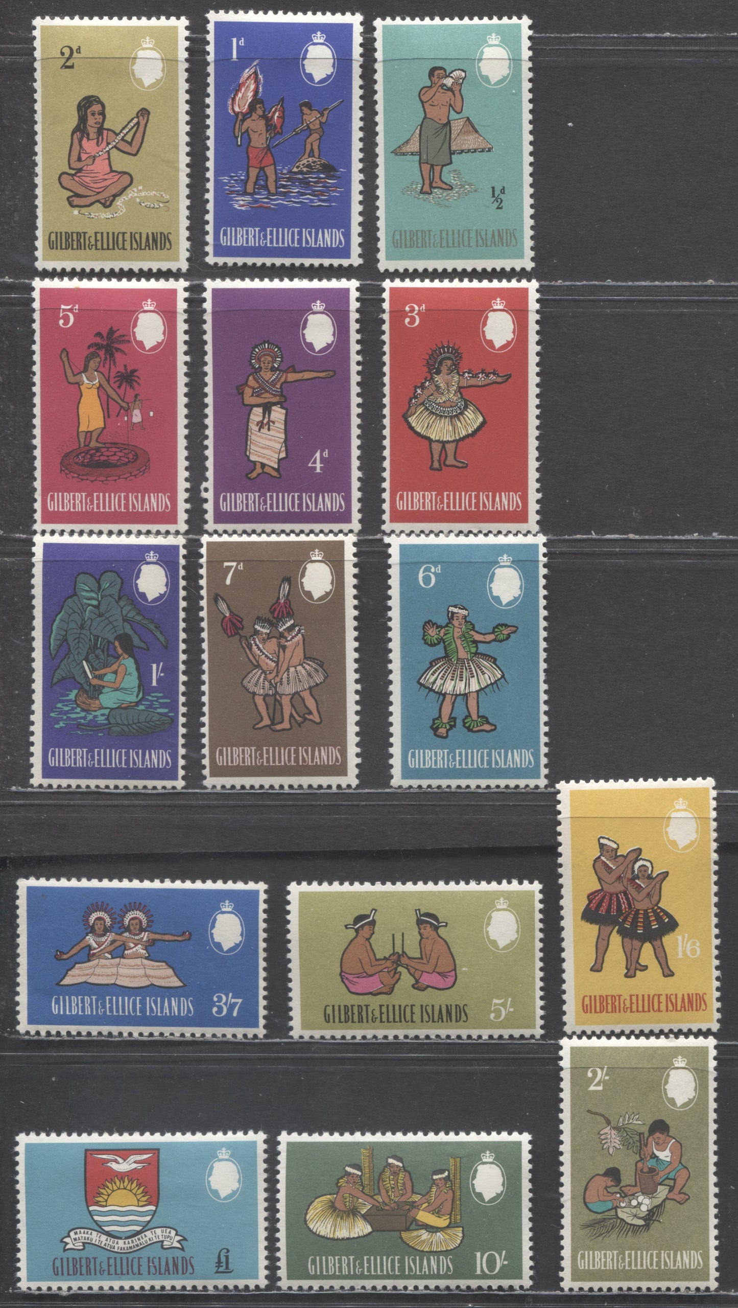 Lot 4 Gilbert & Ellice Islands SC#89-103 1963 Pictorial Definitives, Pre-Decimal, 15 F/VFOG Singles, Click on Listing to See ALL Pictures, Estimated Value $9