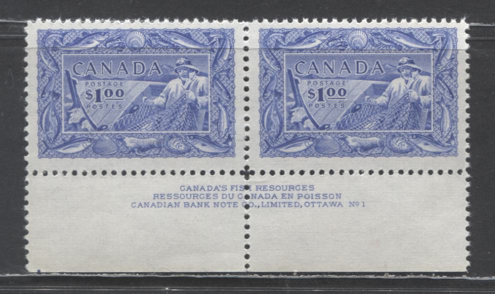 Lot 412 Canada #302 $1 Ultramarine Fisherman, 1951 Fishing Resources A FNH Inscription Pair On Horizontal Ribbed Paper With Glossy Cream Gum