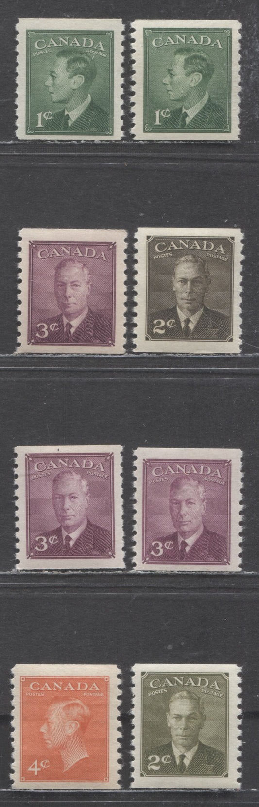 Canada #295-299, 309-310 1c/4c Green/Orange Vermillion King George VI, 1949-1951 Postes-Postage Omitted & Postes-Postage Coil & New Color Issues, 8 VFNH Singles Including 2 Different Shade & Gum Types On 299