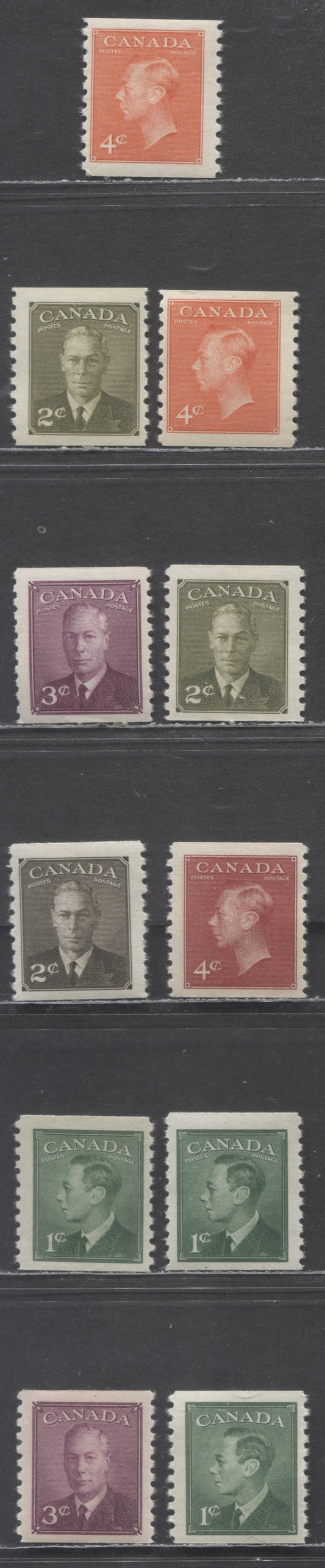 Canada #295-300, 309-310 1c/4c Green/Orange Vermillion King George VI, 1949-1951 Postes-Postage Omitted & Postes-Postage Coil & New Color Issues, 11 FNH Singles With Different Shade, Paper & Gum Varieties