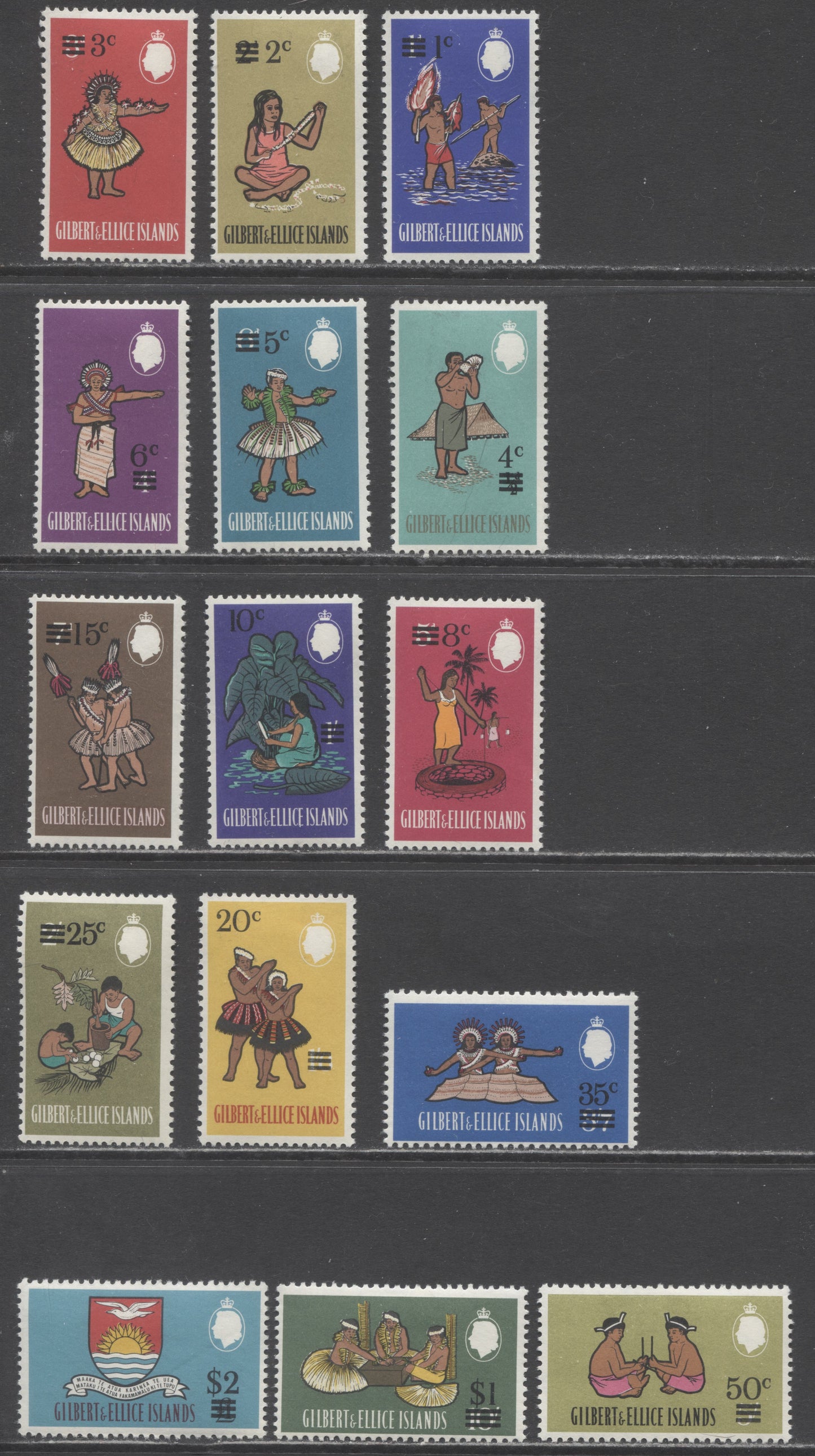 Lot 5 Gilbert & Ellice Islands SC#110-124 1966 Surcharged Pre-Decimal Pictorial Definitives, 15 VFOG Singles, Click on Listing to See ALL Pictures, Estimated Value $5