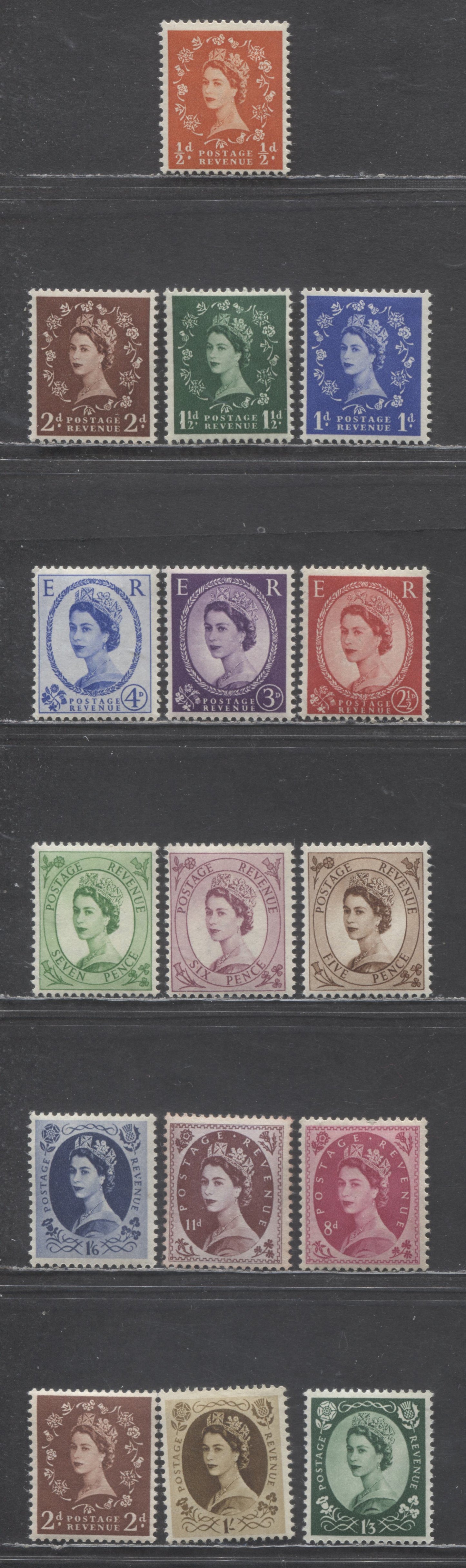 Lot 7 Great Britain SC#292/308 1952-1954 Wilding Issue, Tudor Crown Wmk, 15 F/VFOG Singles, Click on Listing to See ALL Pictures, Estimated Value $35