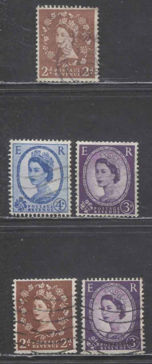 Lot 9 Great Britain SG#543d (SC# 320a)/545b (SC# 359d) 1955-1959 Pictorial Definitives, Tudor Crown Sideways & Multiple Crown Sideways Wmk, 5 Fine Used Singles, Click on Listing to See ALL Pictures, Estimated Value $10