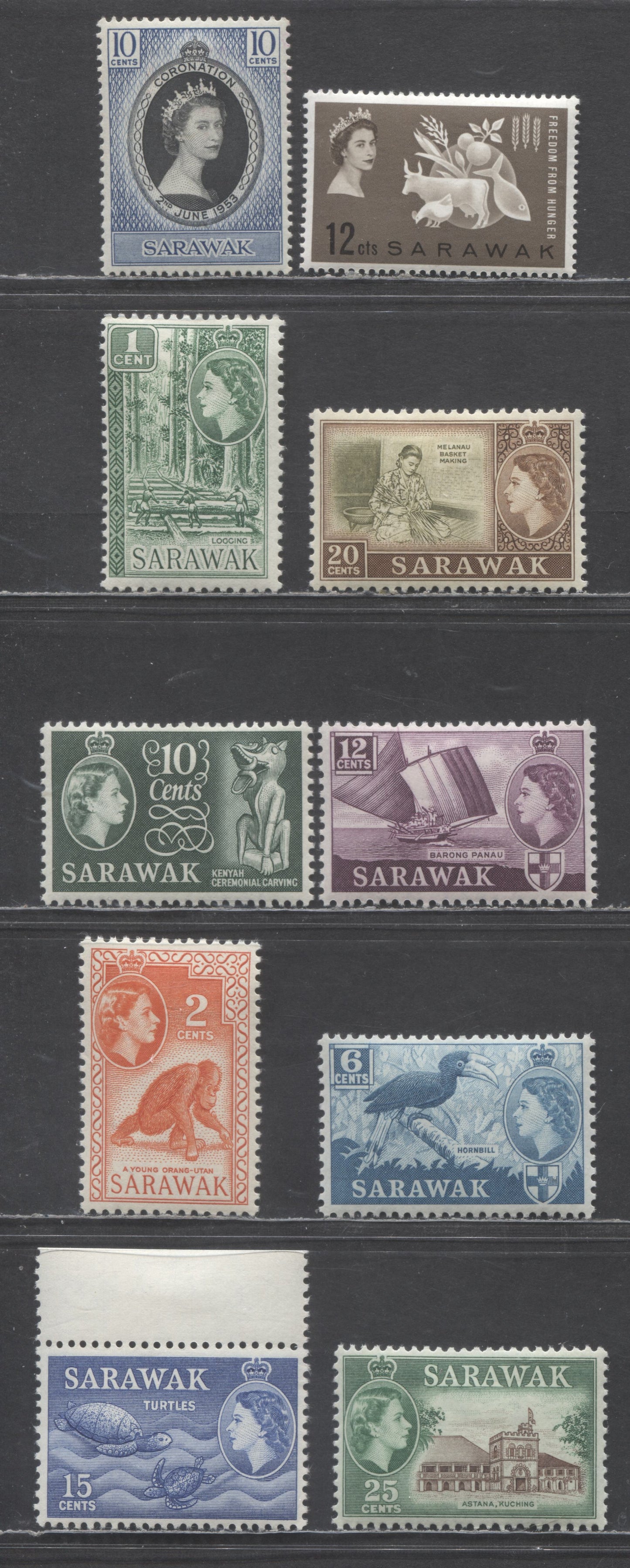 Lot 168 Sarawak SC#196/222 1953-1965 Coronation - Freedom From Hunber & Pictorial Definitives, Block CA Wmk, 10 VFOG Singles, Click on Listing to See ALL Pictures, Estimated Value $12