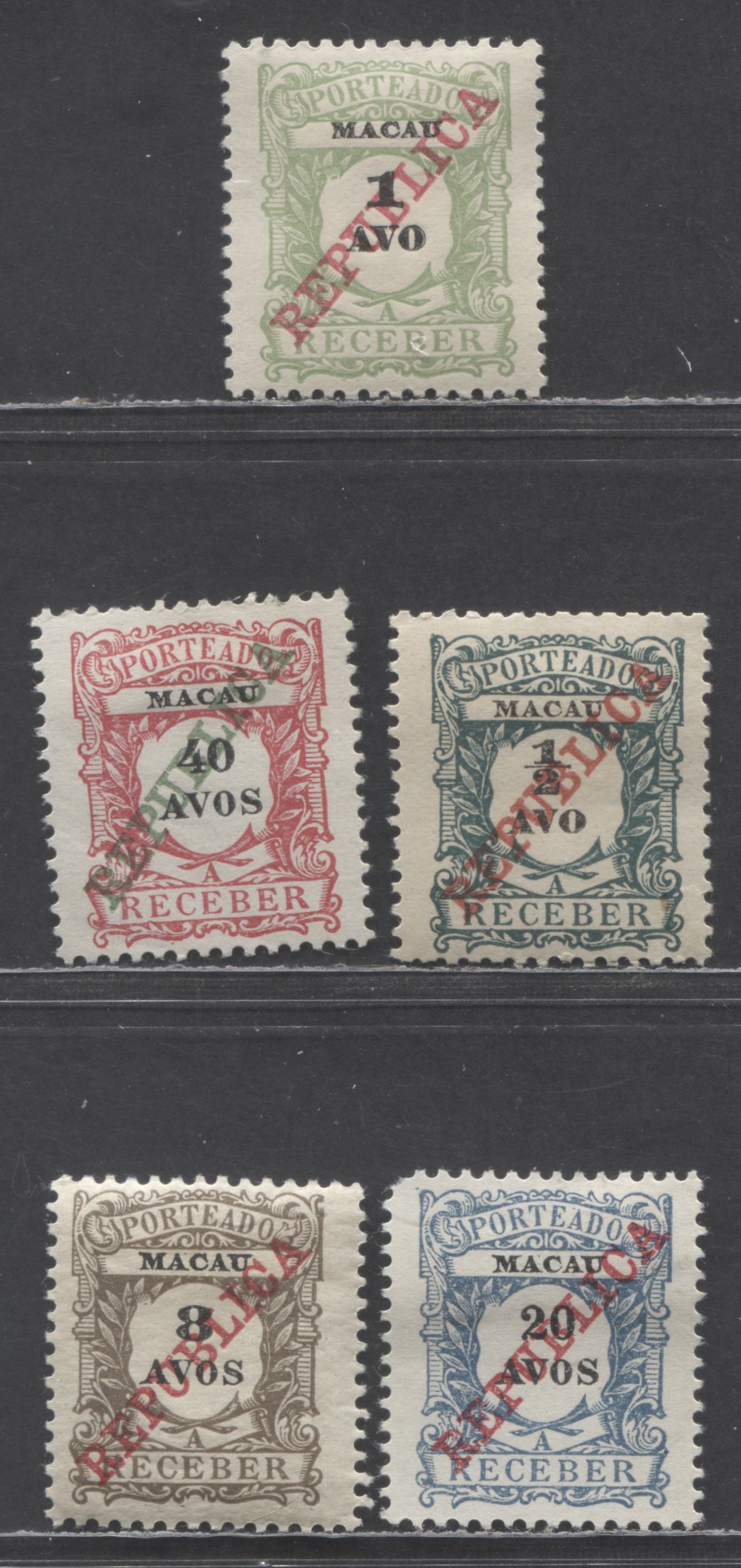 Lot 325 Macau SC#J12/J19 1911 Postage Dues With Lisbon Republica Overprints, 24.5mm Long & Flat Top To 'A', 5 VFOG & Unused Singles, Click on Listing to See ALL Pictures, 2022 Scott Classic Cat. $34.9