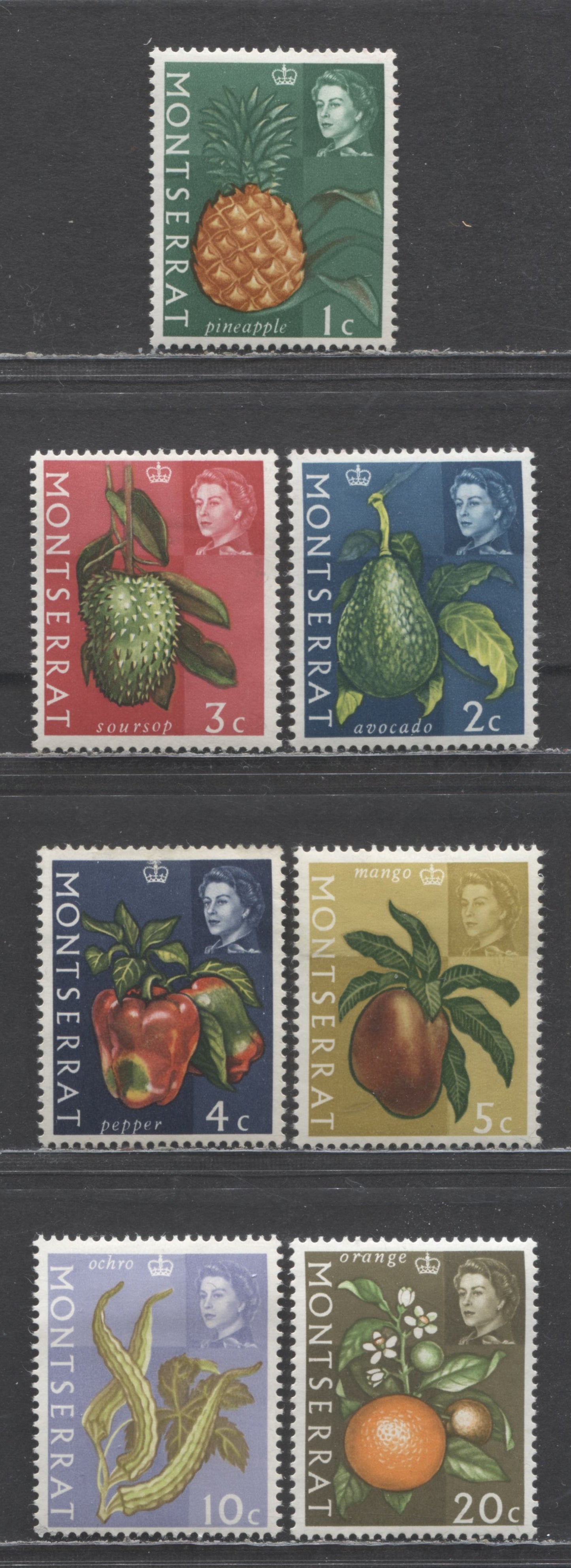 Lot 5 Montserrat SC#159a-168a 1969 Fruit Definitives Re-Issues, PVA & Gum Arabic, Block CA Wmk Sideways, 7 F/VFOG Singles, Click on Listing to See ALL Pictures, Estimated Value $3