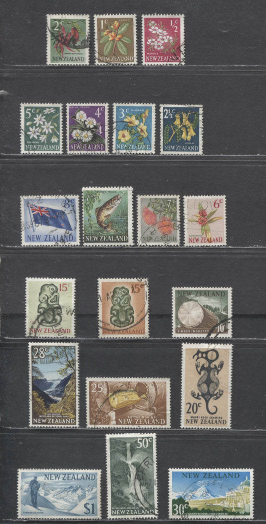 Lot 51 New Zealand SC#382/402 1967-1970 Decimal Definitives, 20 Fine/Very Fine Used Singles, Estimated Value $10