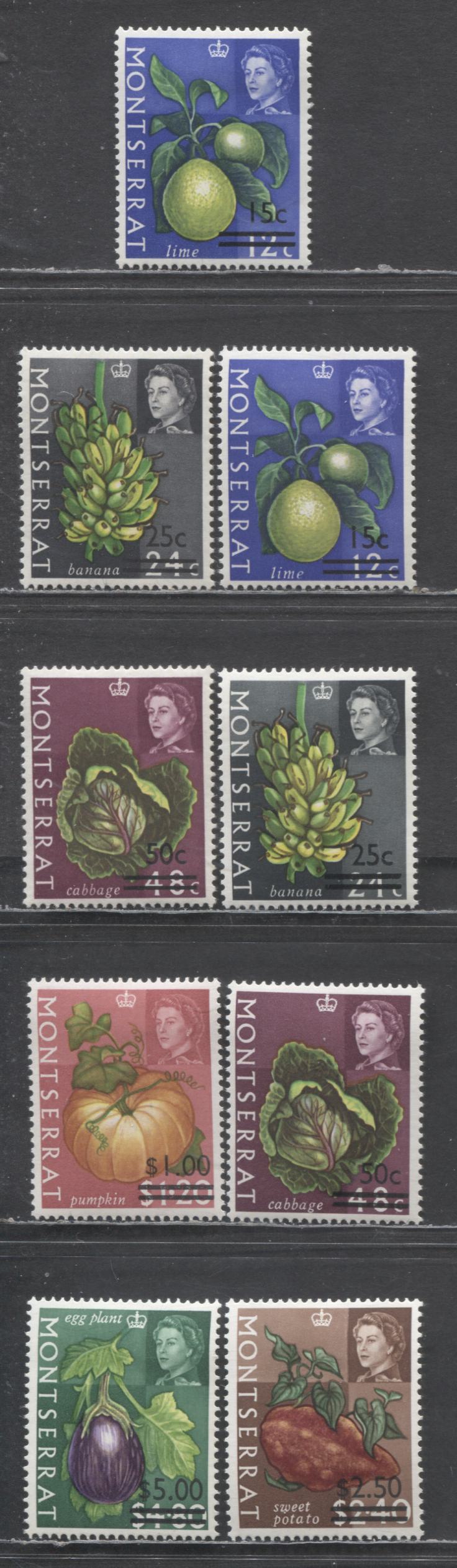 Lot 7 Montserrat SC#193-198 1968 Definitive Surcharges, Block CA Wmk Upright & Sideways, 9 VFOG Singles, Click on Listing to See ALL Pictures, Estimated Value $8