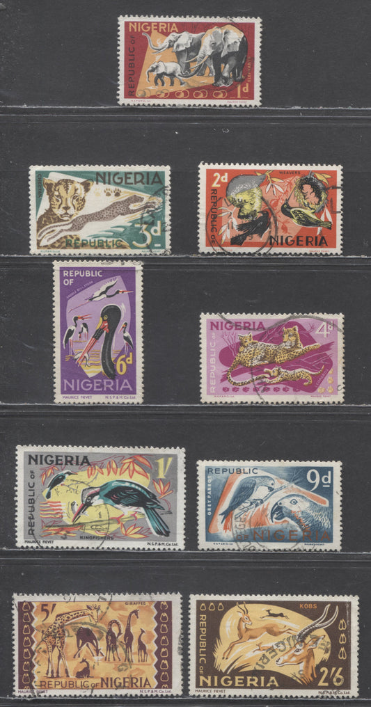 Nigeria SC#258/267 1969-1972 NSP&M Reprints Of Wildlife Definitives, Missing 1/3d, 9 Very Fine Used Singles, Click on Listing to See ALL Pictures, Estimated Value $25
