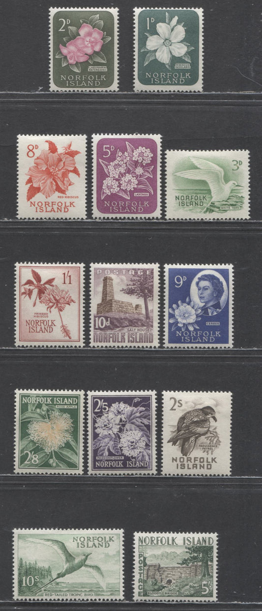 Lot 94 Norfolk Island SC#29-41 1960-1962 Flower & Bird Definitives, 13 VFOG Singles, Estimated Value $27